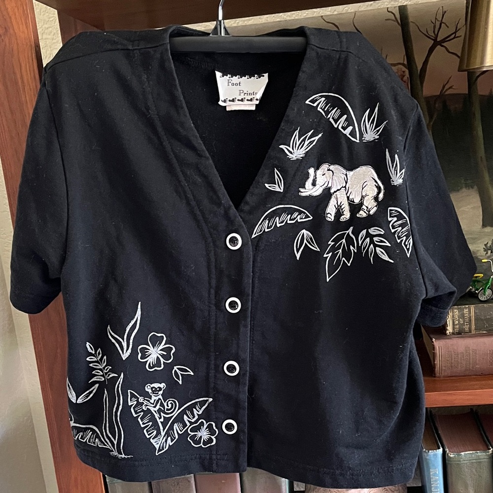 Black Short-Sleeve Button-Front Tee with White Jungle Embroidery by Foot Prints.